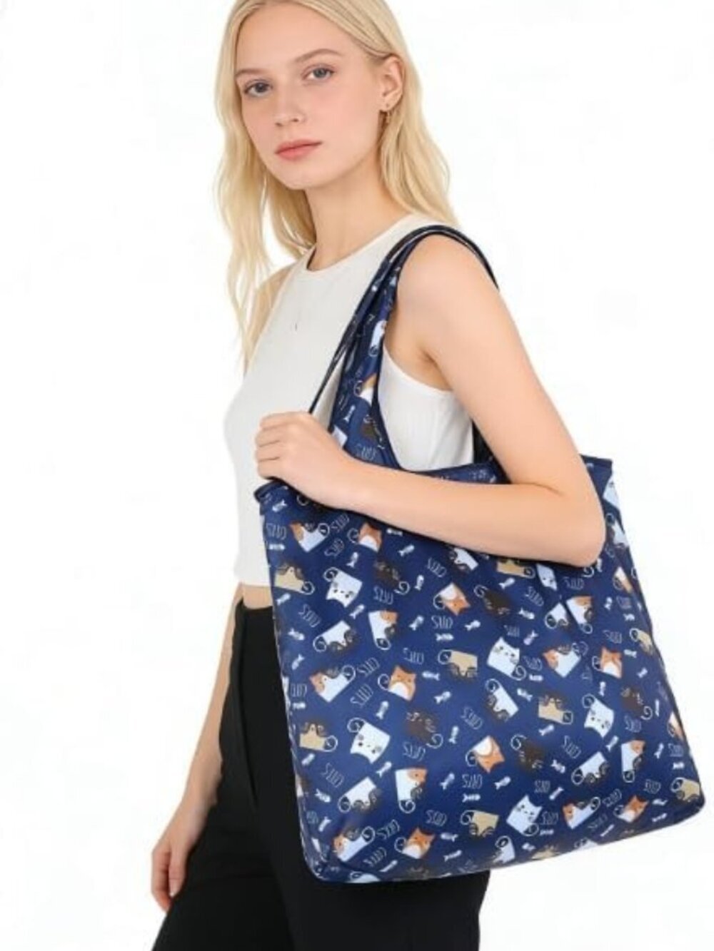 Large Foldable Reusable Shopping Tote Bag Nylon Grocery Travel Cat Print